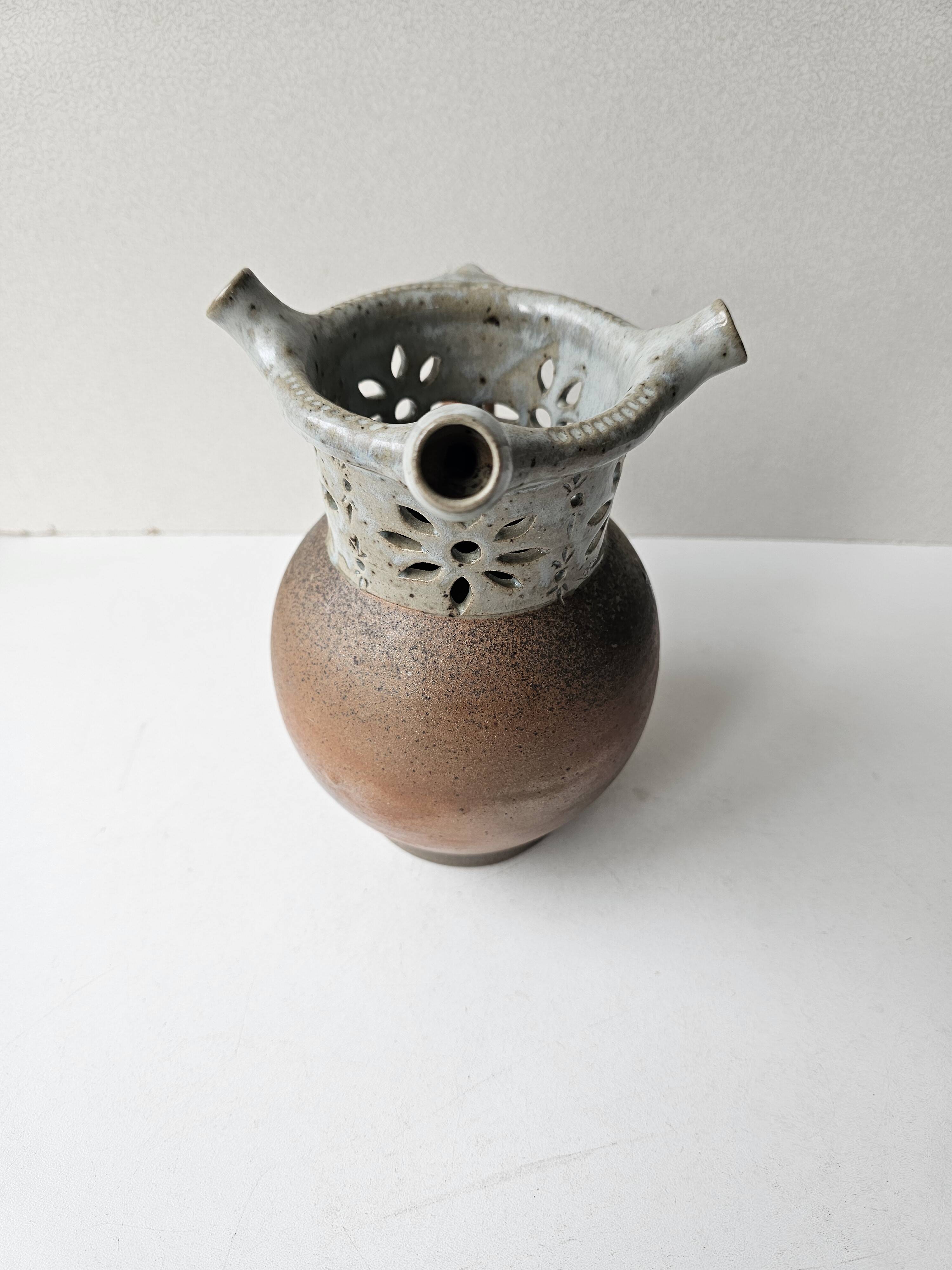 Unusual ceramic vase, Puisaye type, signed (signature to be identified)