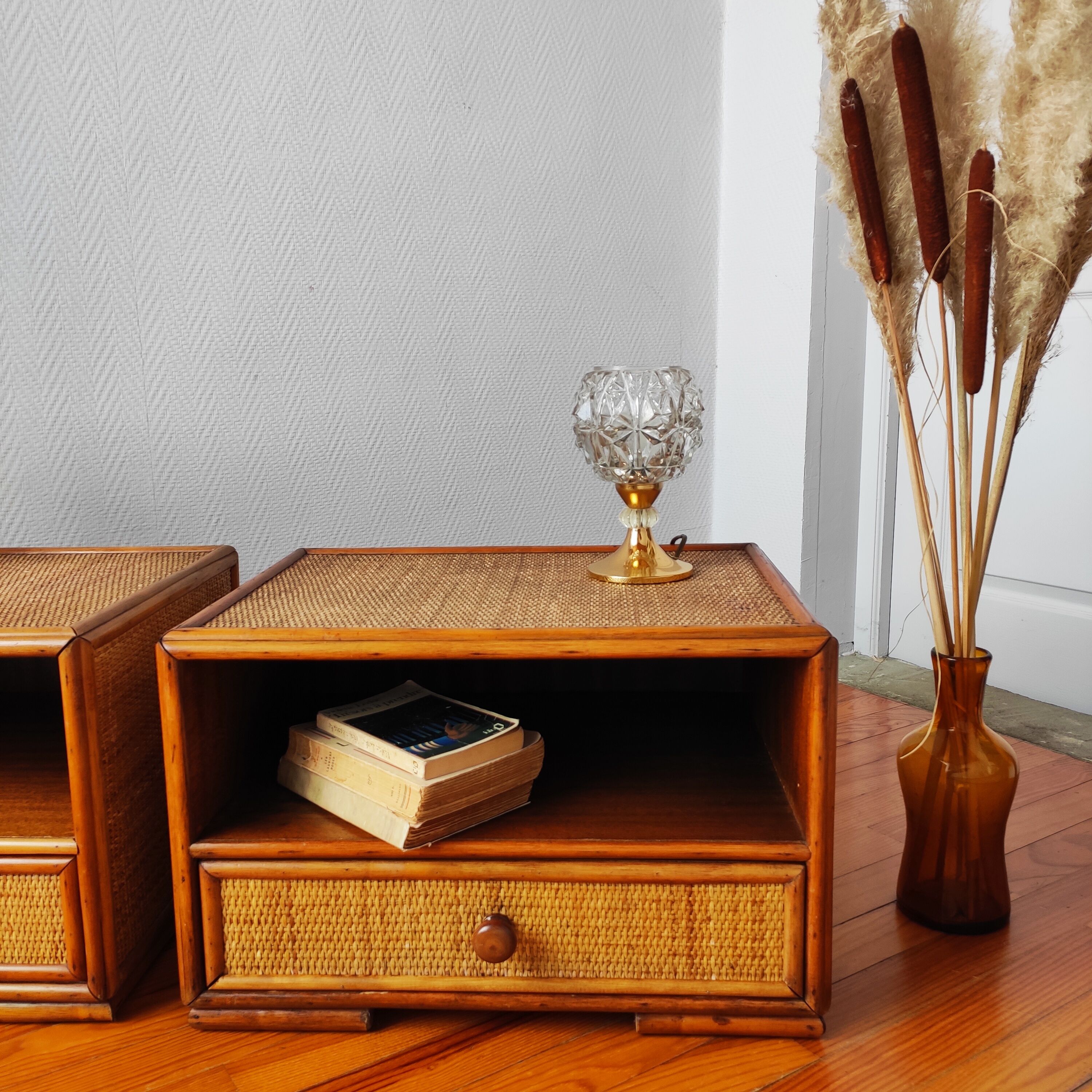 Pair of rattan bedside tables