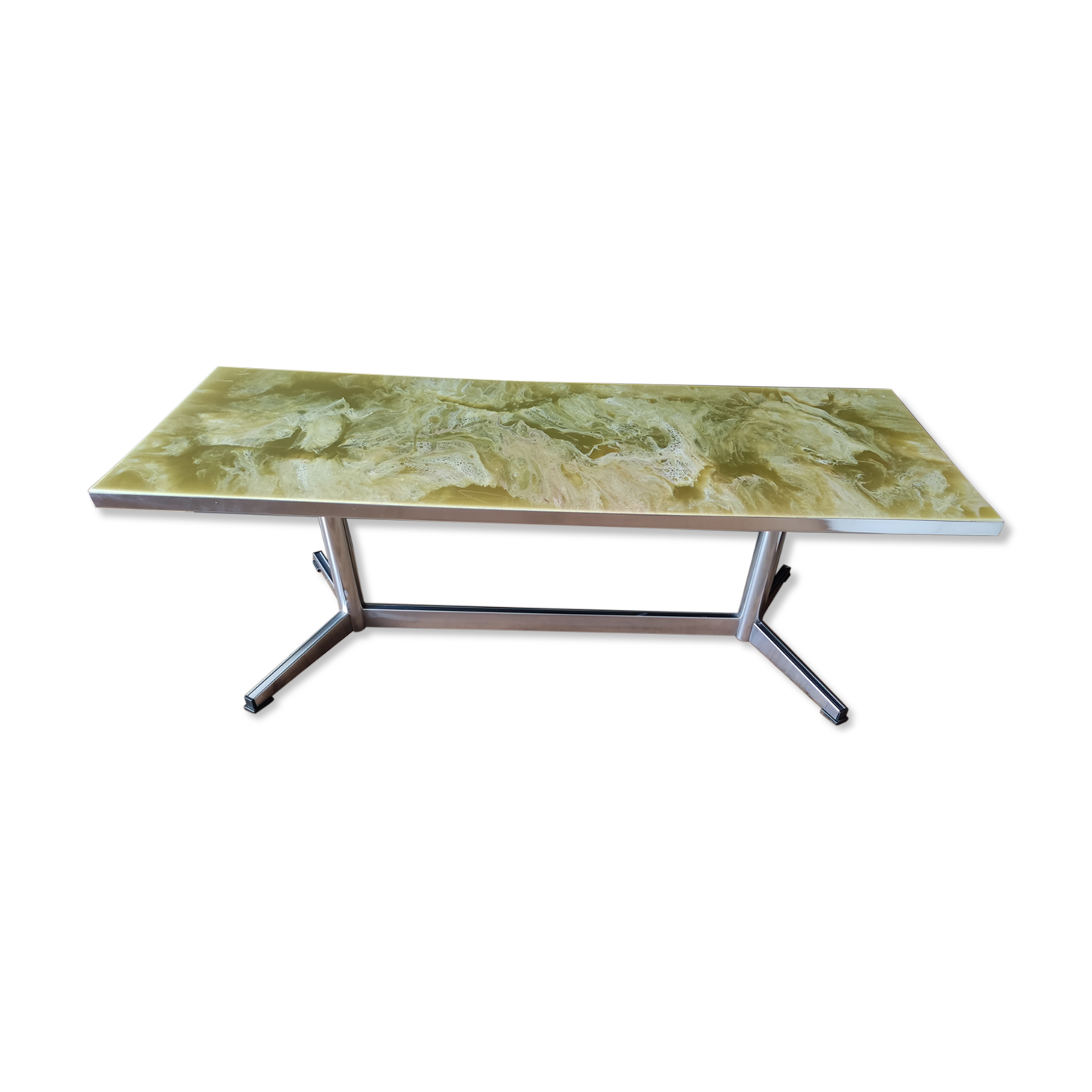 Vintage coffee table 70s chrome base and top resin effect marble green water