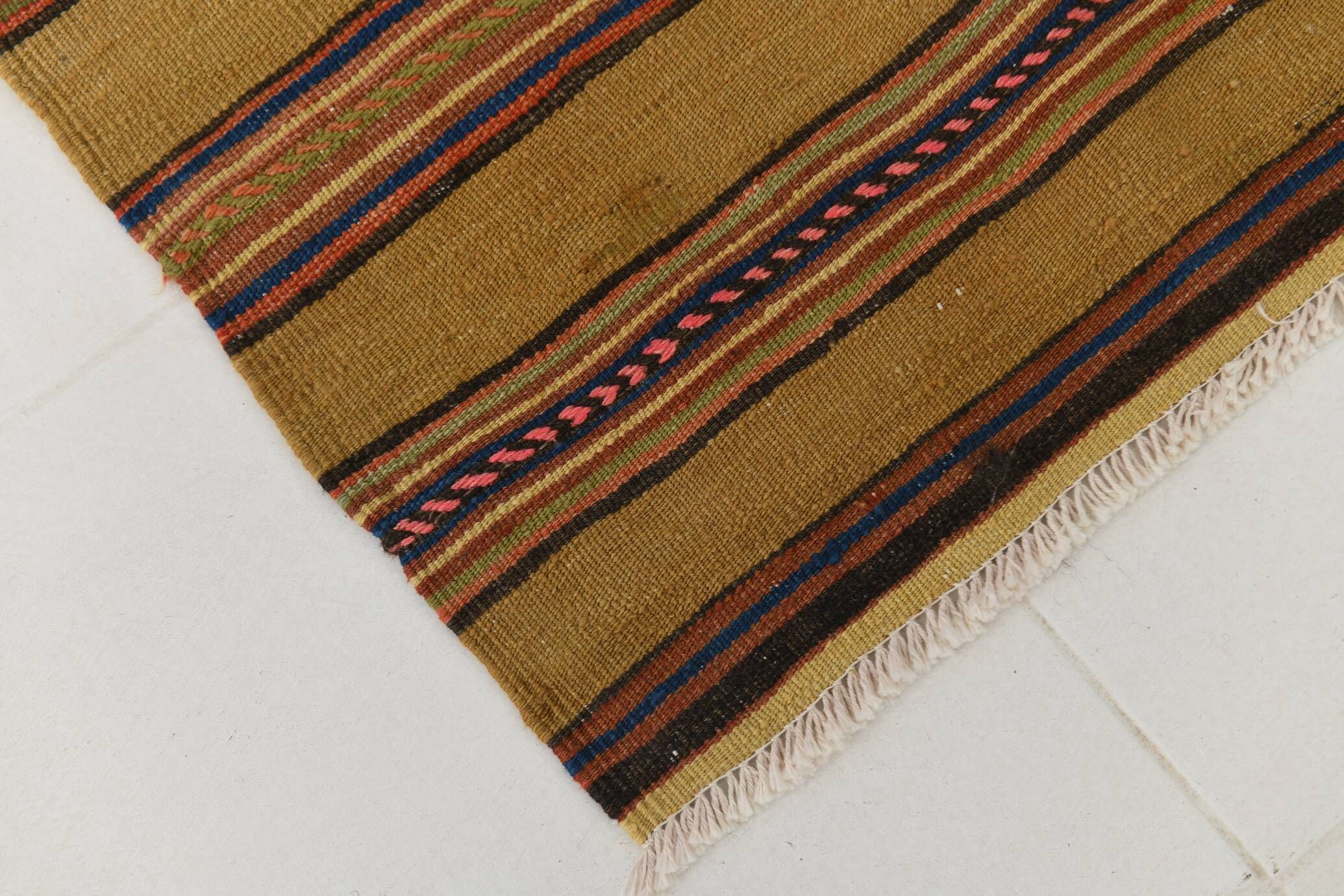 4x7 Bronze & Red Striped Handmade Vintage Kilim Rug, 130x218Cm