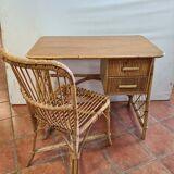 Vintage rattan desk with his chair