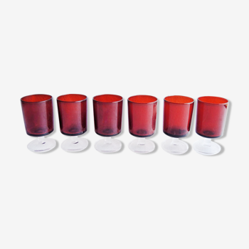 6 old luminarc red foot glasses
