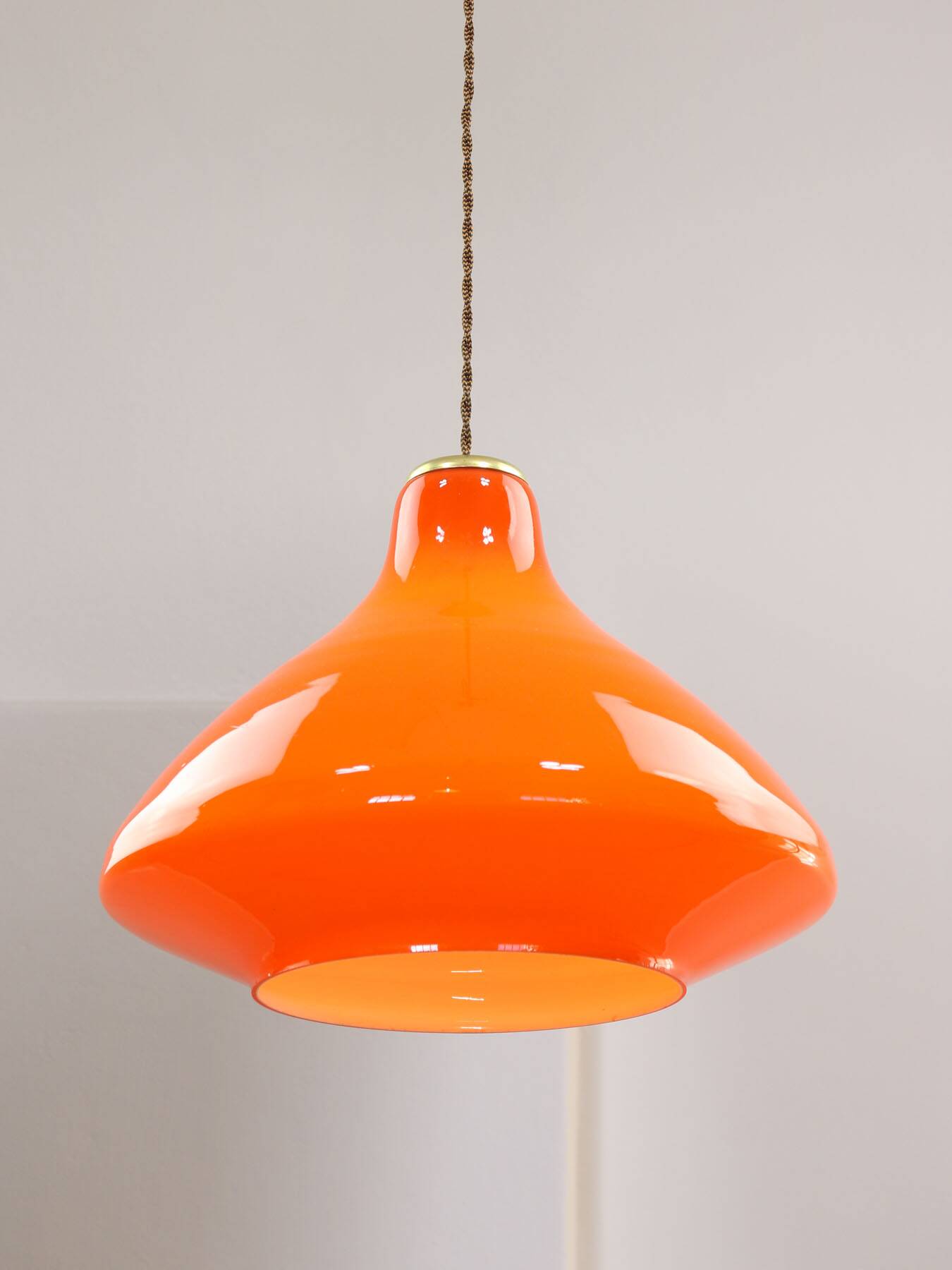 Mid-Century Italian Orange Glass and Brass Pendant Lamp