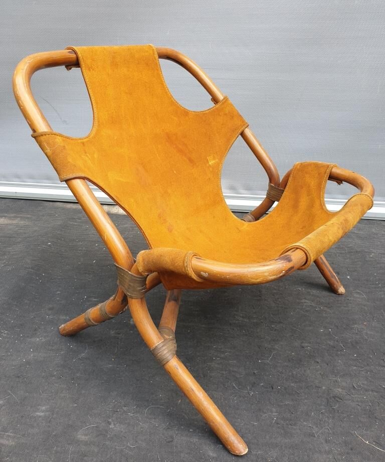 Armchair 1960 bamboo and suede leather