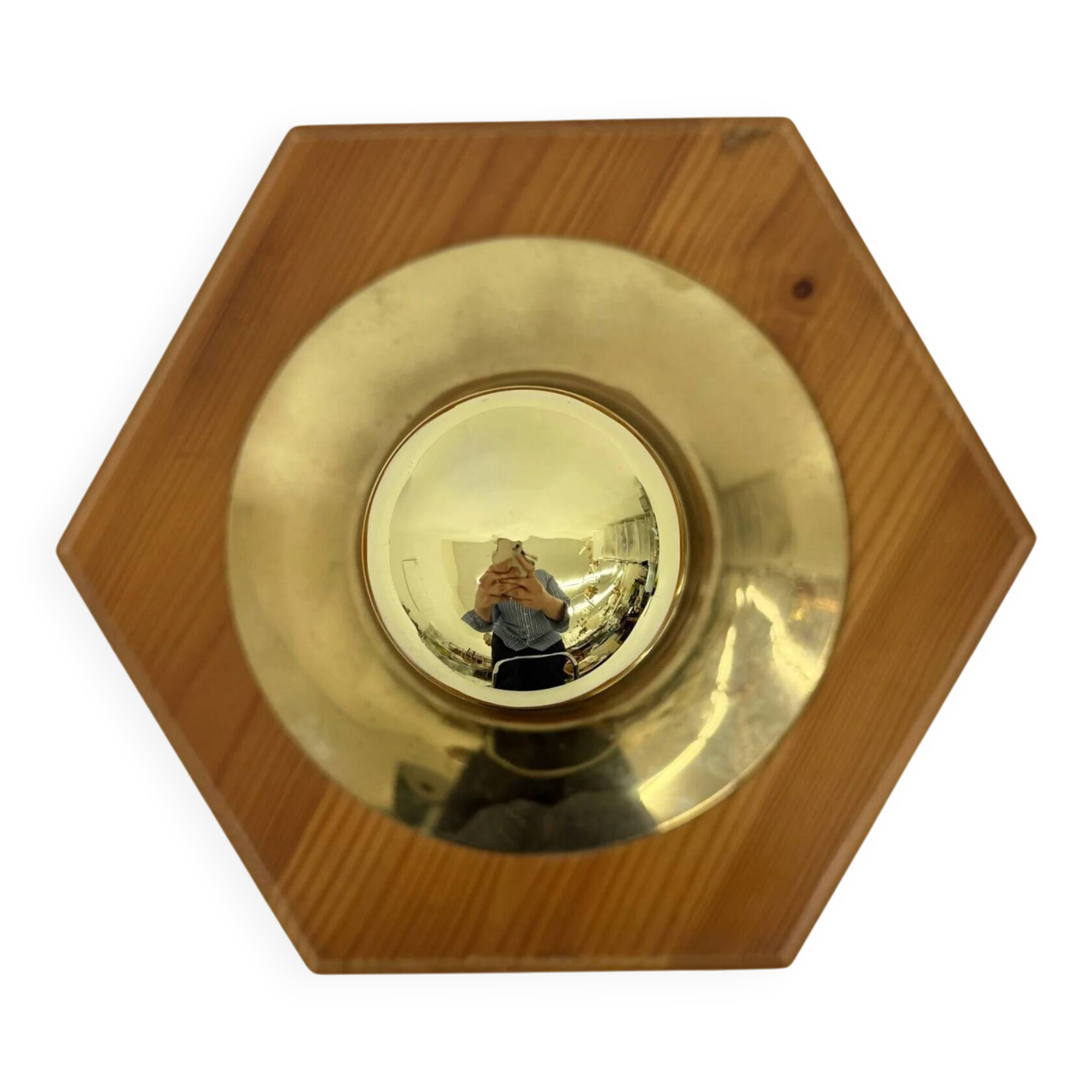 Vintage hexagonal wall lamp with pine wood and brass, 1970s