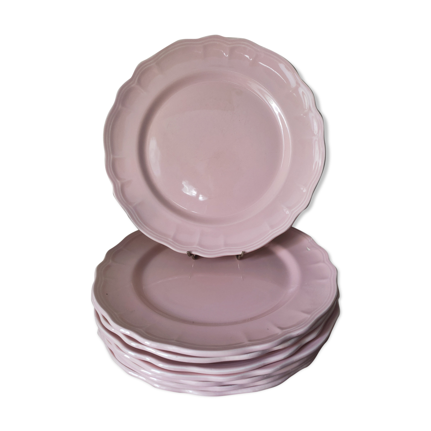 6 flat plates in pink earthenware by Salins