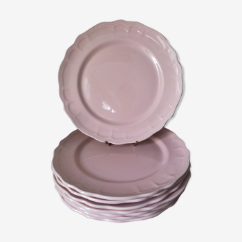 6 assiettes plates en faïence rose par Salins