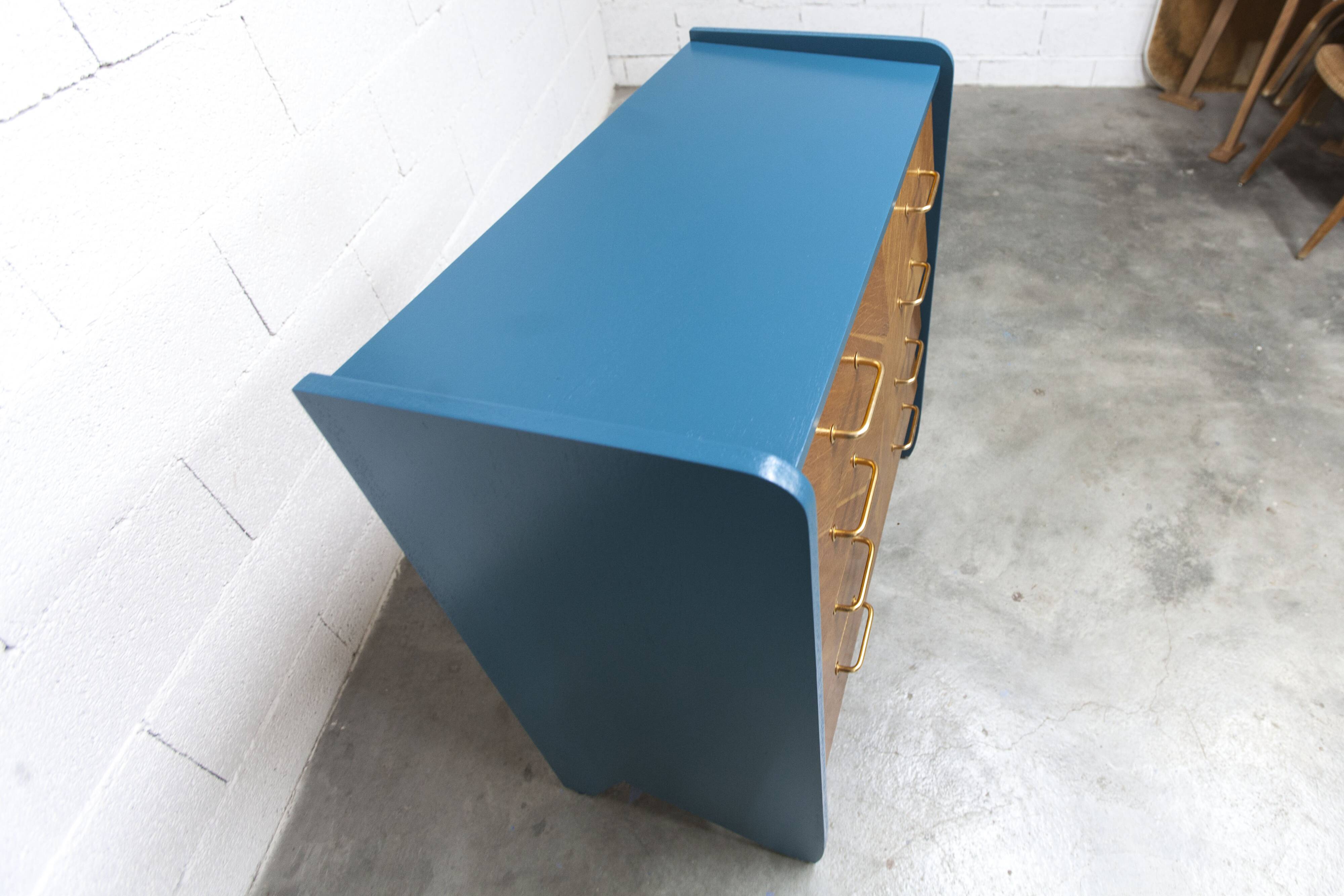Commode scandinave 1960 atypique bleu Satiné 4 tiroirs