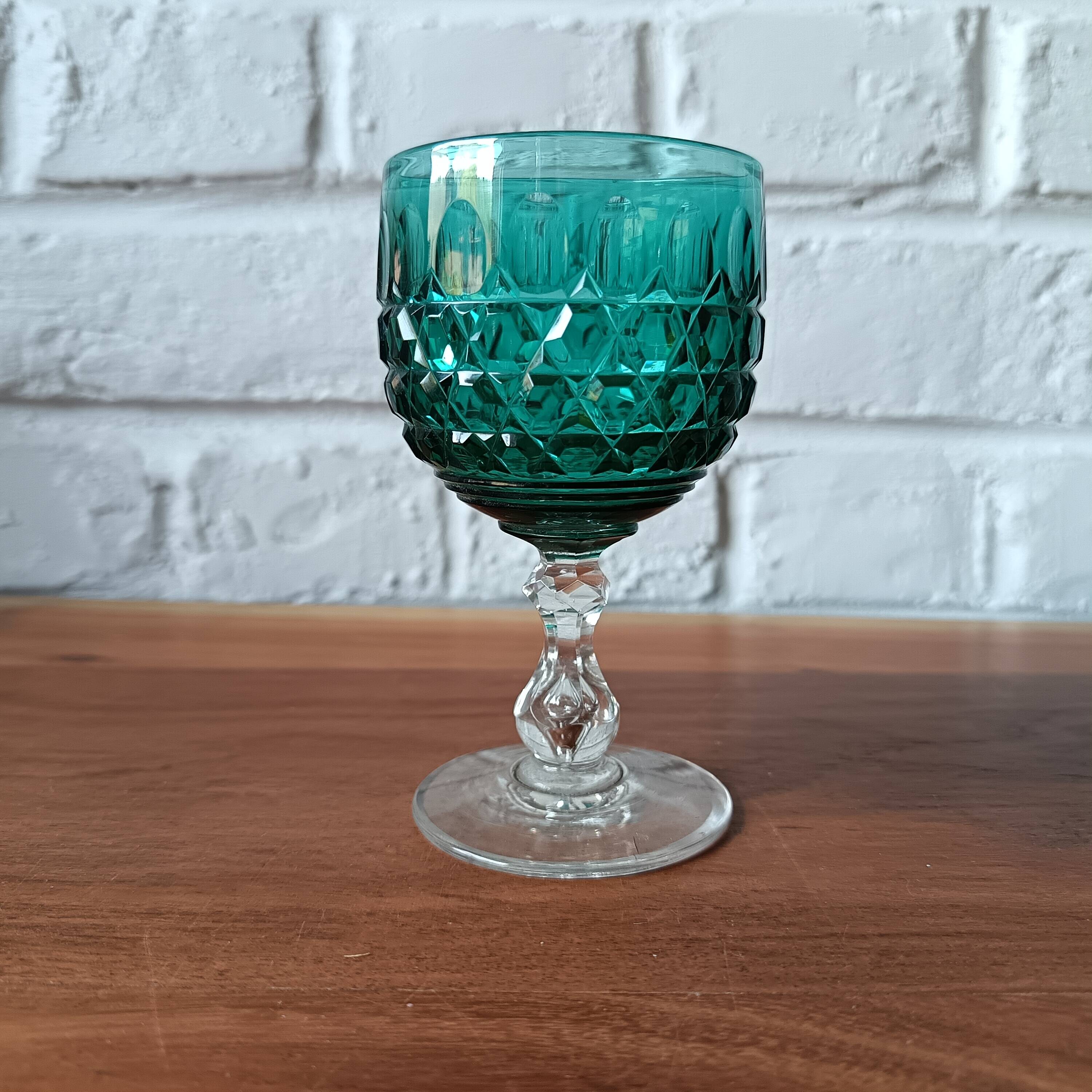 2 vintage cut glass coloured stemmed glasses
