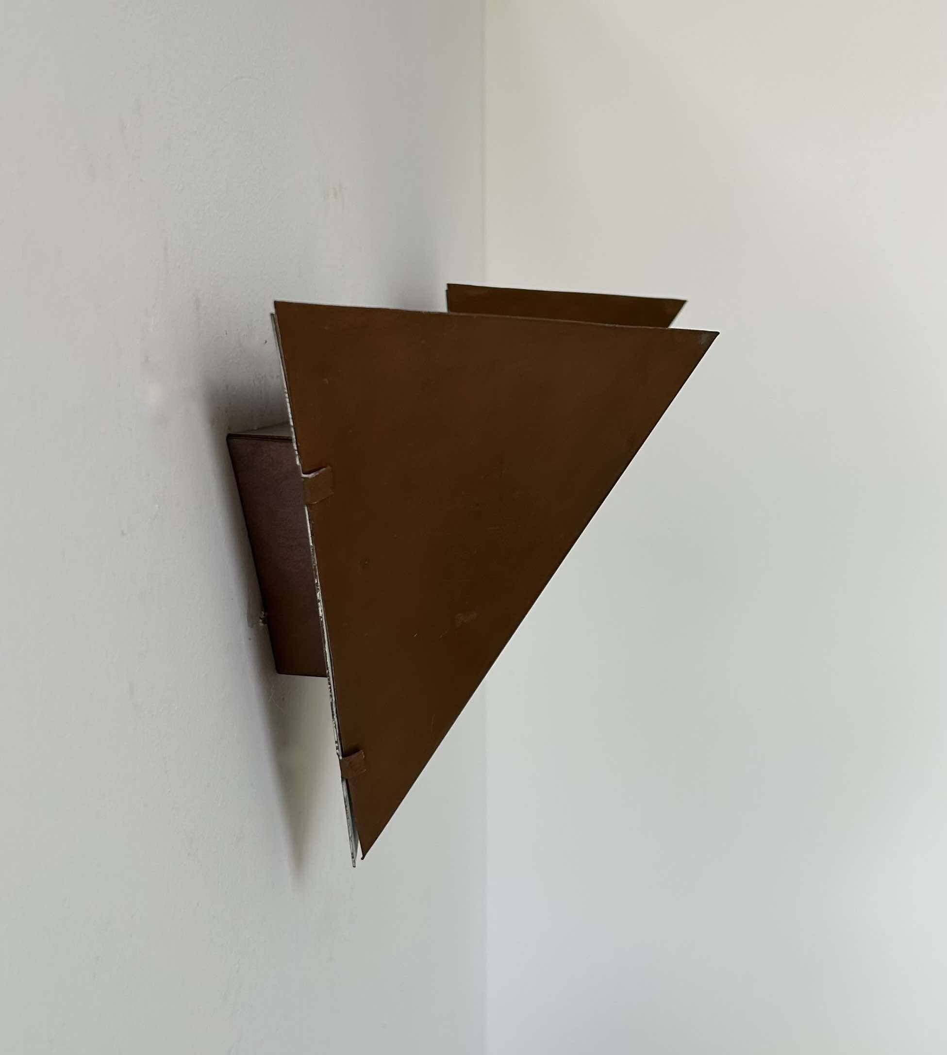 Pair of vintage geometric wall lights, patinated copper, France 1960