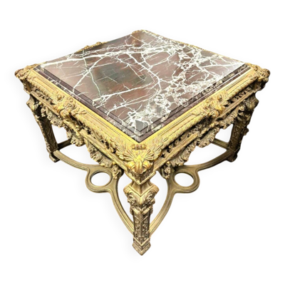Grande Table Carrée Style Louis XV en Hêtre Sculpté Doré et Marbre Marron