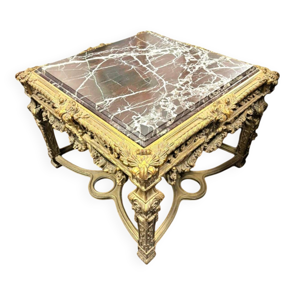 Grande Table Carrée Style Louis XV en Hêtre Sculpté Doré et Marbre Marron
