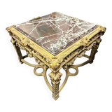 Large Square Louis XV Style Table in Carved Gilded Beech and Brown Marble