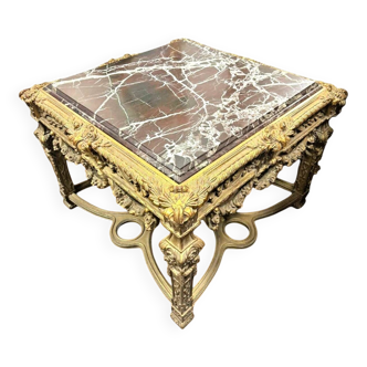 Large Square Louis XV Style Table in Carved Gilded Beech and Brown Marble