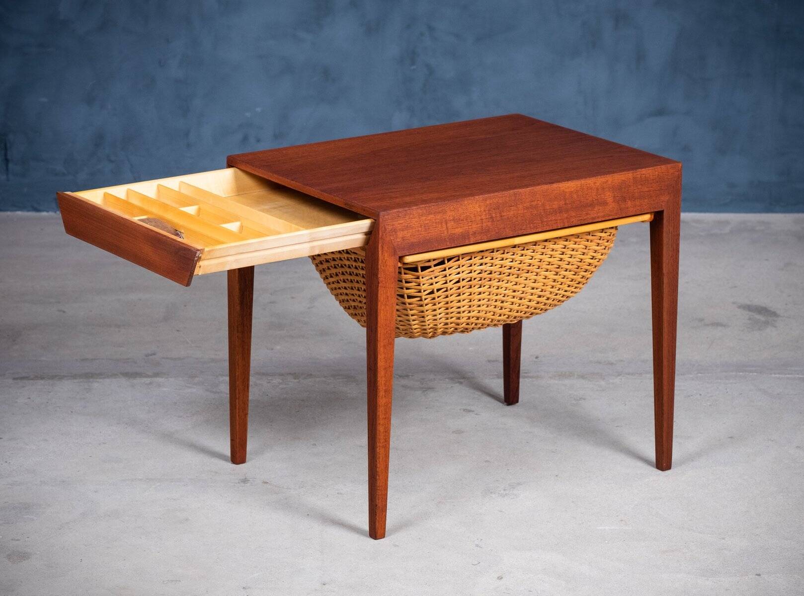 Mid-Century Teak Nightstand or Sewing Table by Severin Hansen for Haslev Møbelsnedkeri, Denmark, 1950s