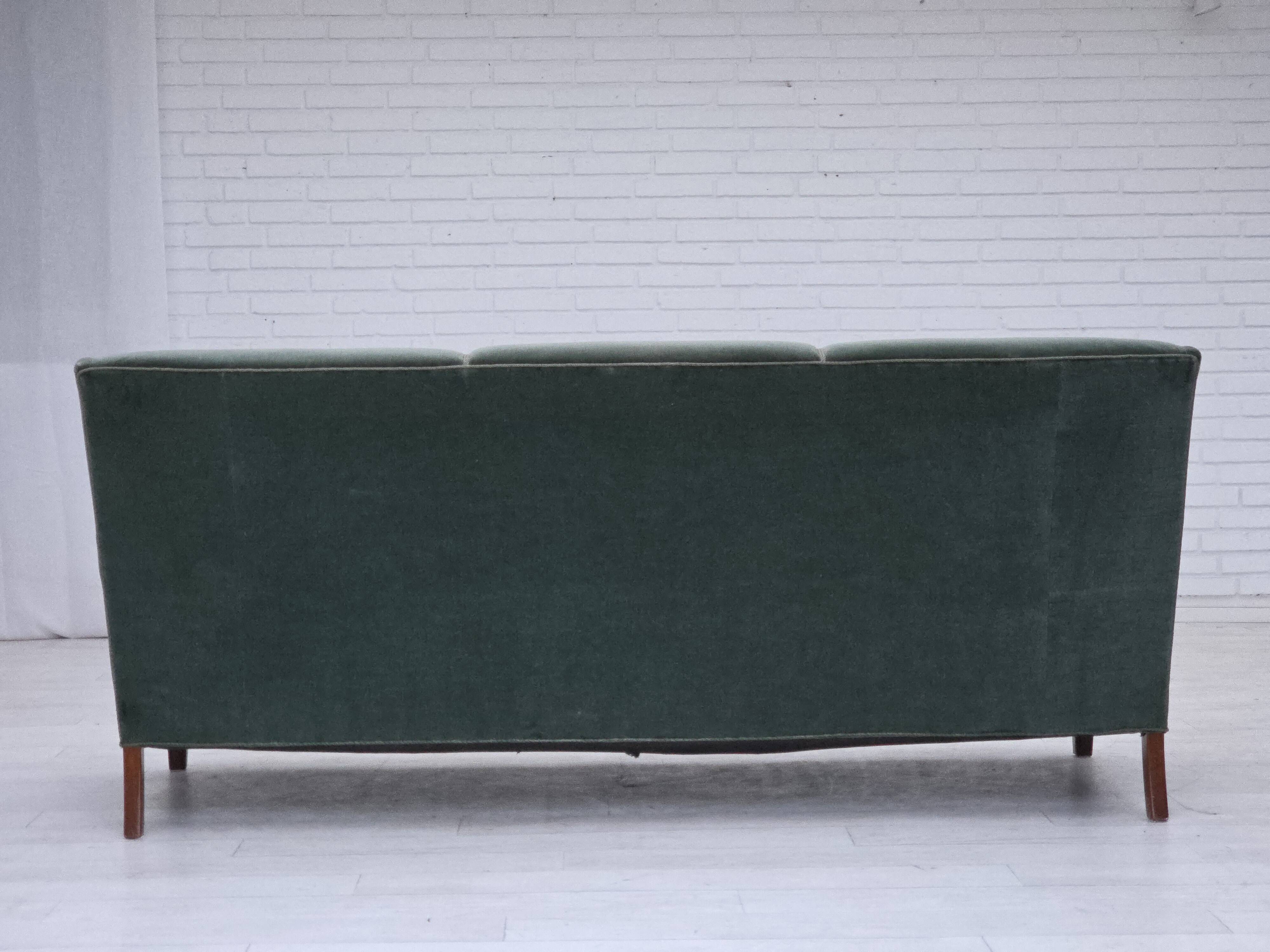 1960s, Danish 3-seater sofa, original turquoise-green furniture velour.