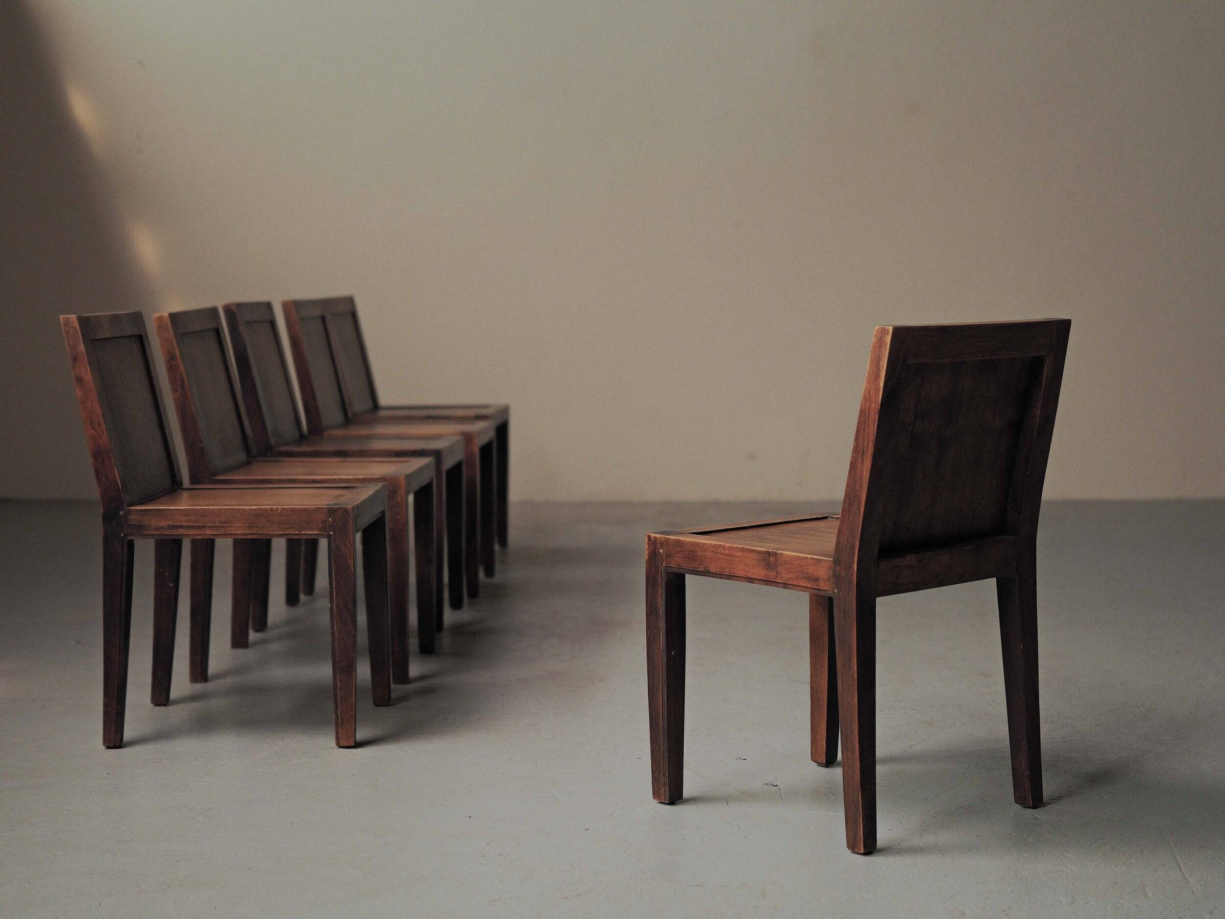 Set of 6 handcrafted oak chairs, France, circa 1970.