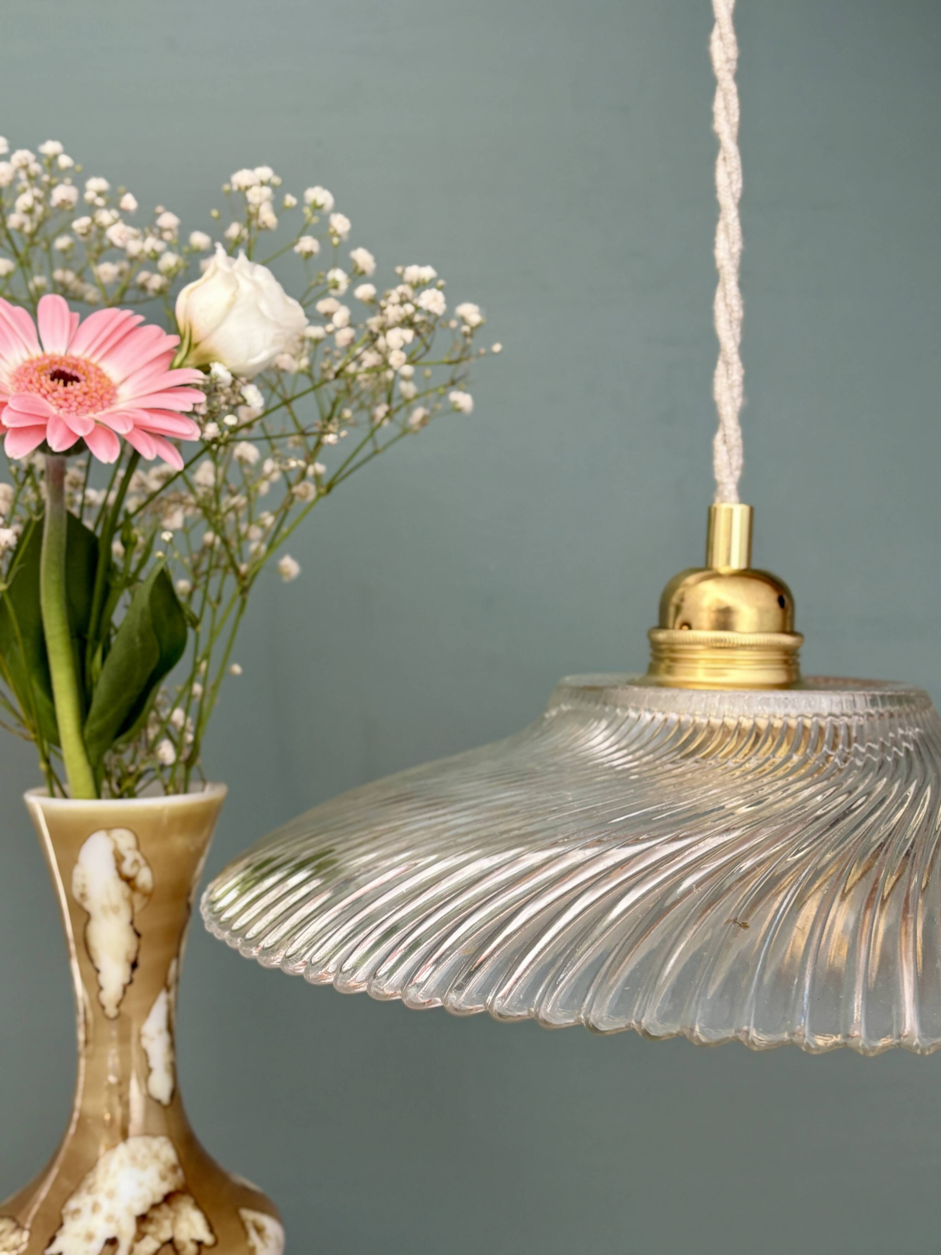 Vintage molded ribbed glass lampshade pendant light - tableware collection -