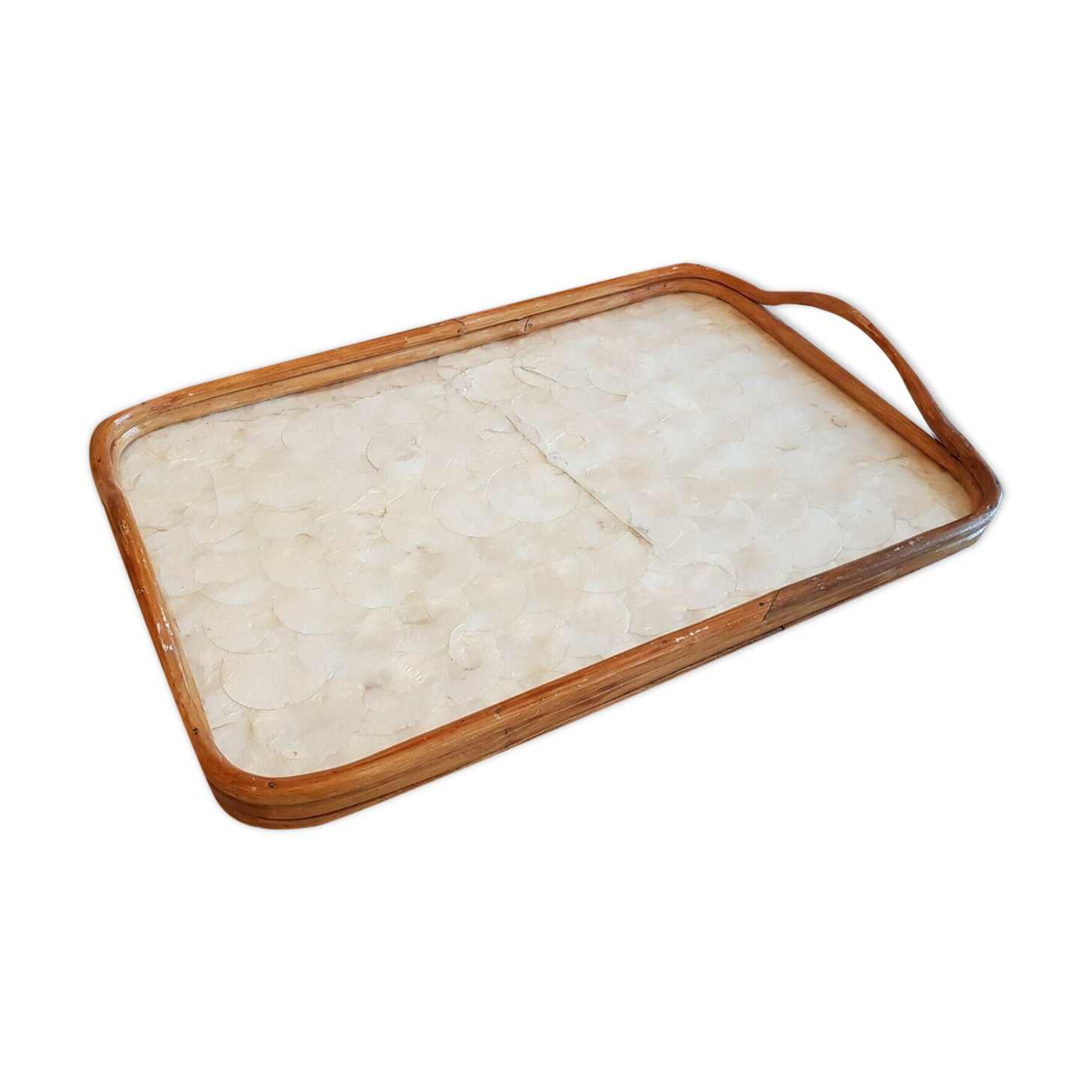 Vintage mother-of-pearl and bamboo tray 54 x 37 cm