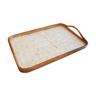 Vintage mother-of-pearl and bamboo tray 54 x 37 cm