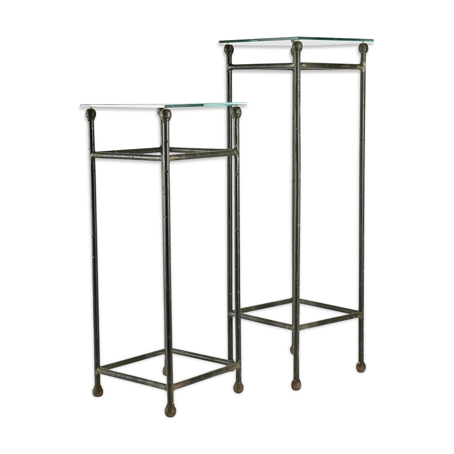 Two consoles, wrought iron sheaths on glass top, twentieth century