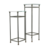 Two consoles, wrought iron sheaths on glass top, twentieth century