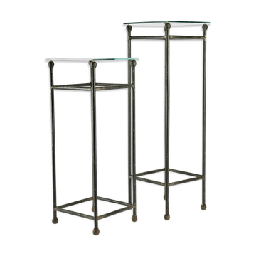 Two consoles, wrought iron sheaths on glass top, twentieth century