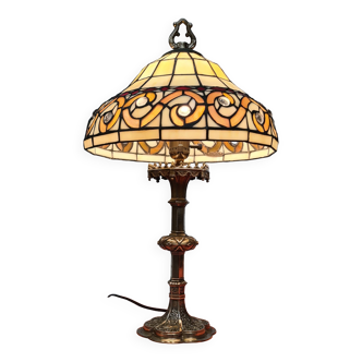 large 1920 bronze lamp with tiffany lampshade, 51x33 with 2 switches see photos