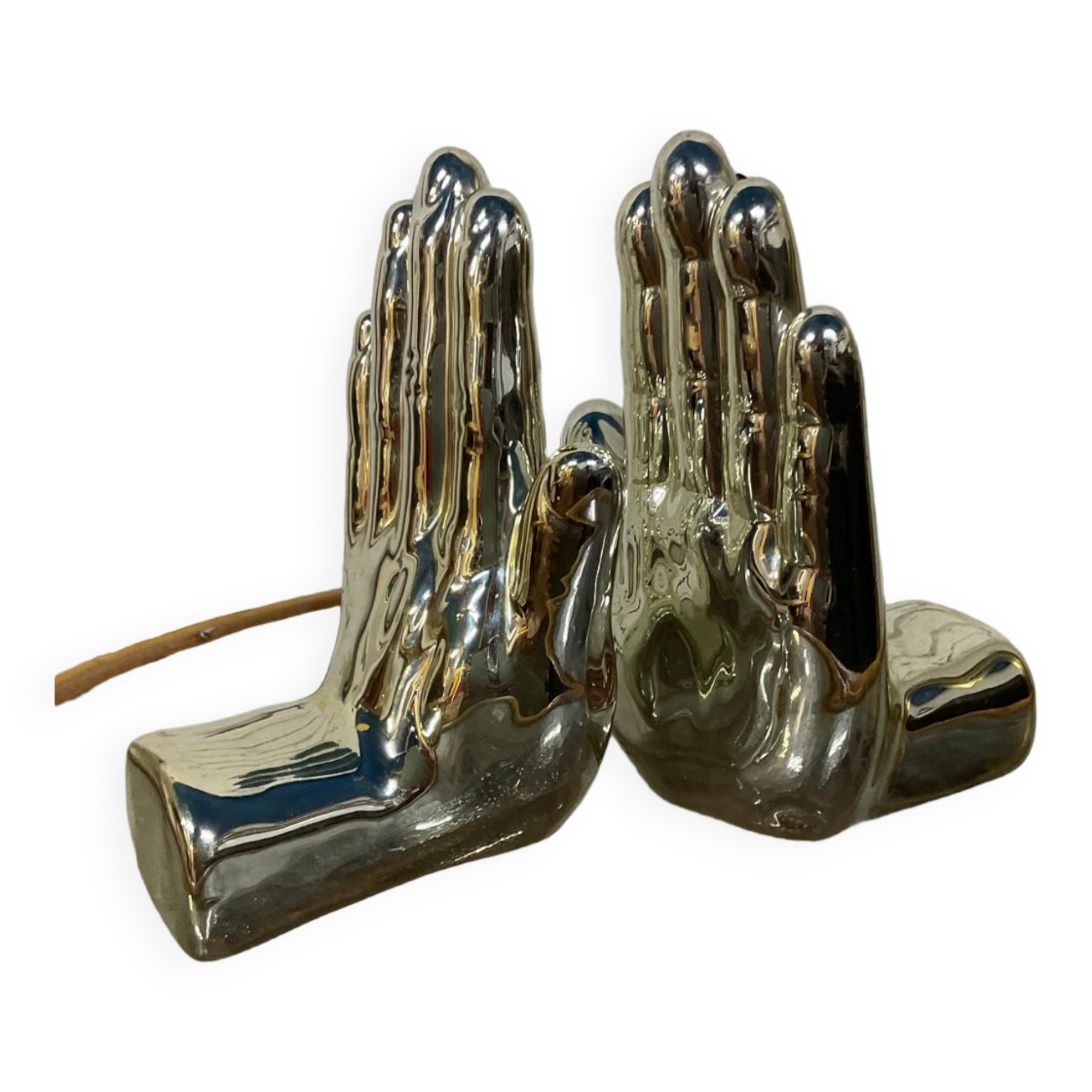 Pair of chrome ceramic hand bookends from the 70s and 80s