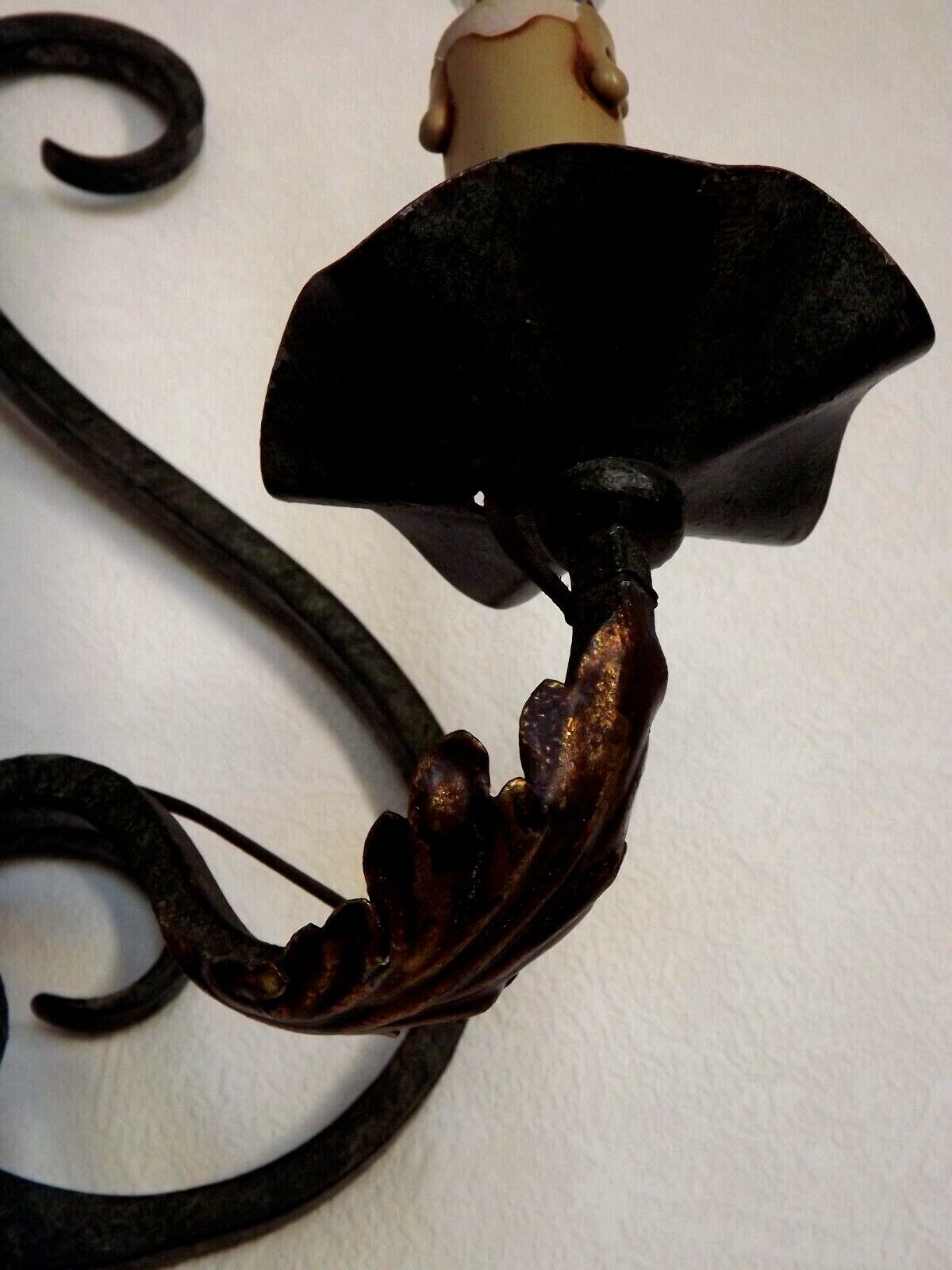 Pair of old antique French double lyre shape green wrought iron wall sconces