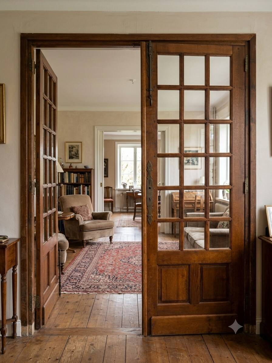 Paire de portes de séparation en chêne petits carreaux XXe