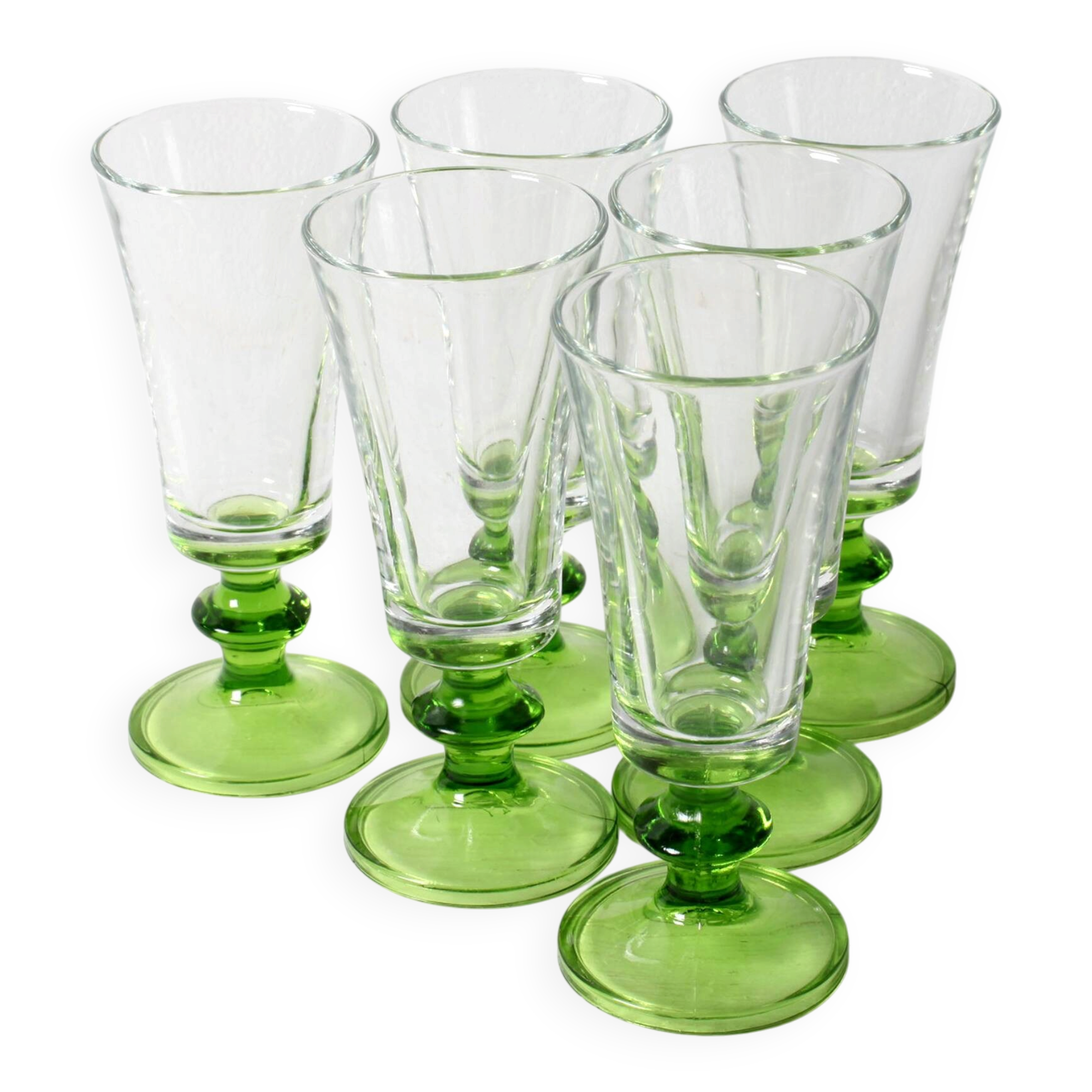 Set of 6 Vintage Green-Footed Glasses / Mid-century Rare Liquor Flutes
