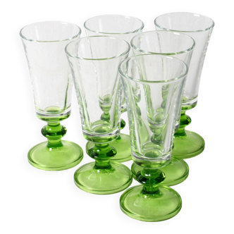 Set of 6 Vintage Green-Footed Glasses / Mid-century Rare Liquor Flutes