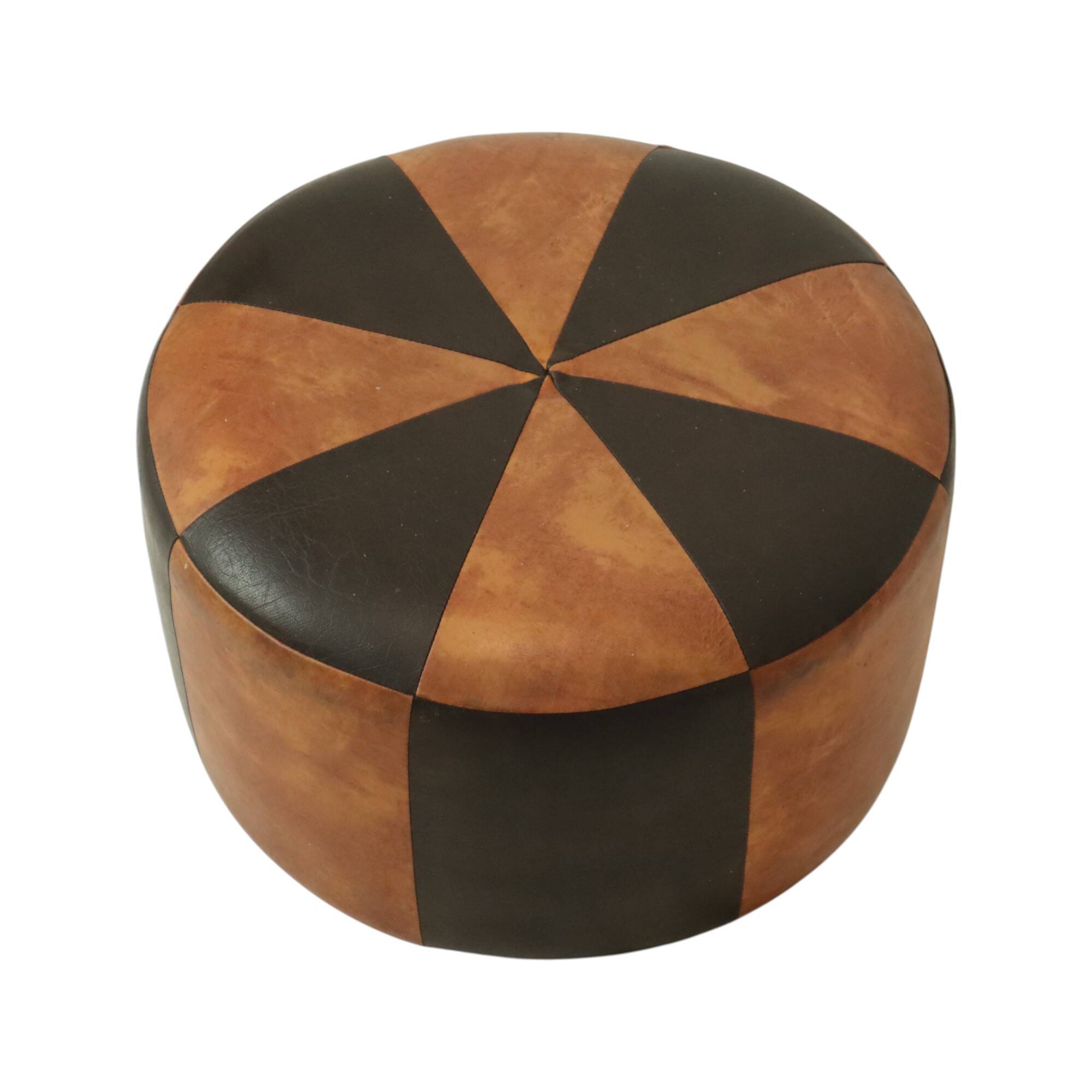 Round Vintage Brown Pouf Two-Tone Skai Leather Sixties