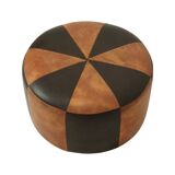 Round Vintage Brown Pouf Two-Tone Skai Leather Sixties