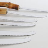 Service of 6 cheese knives, stainless blade and real rattan handle, vintage