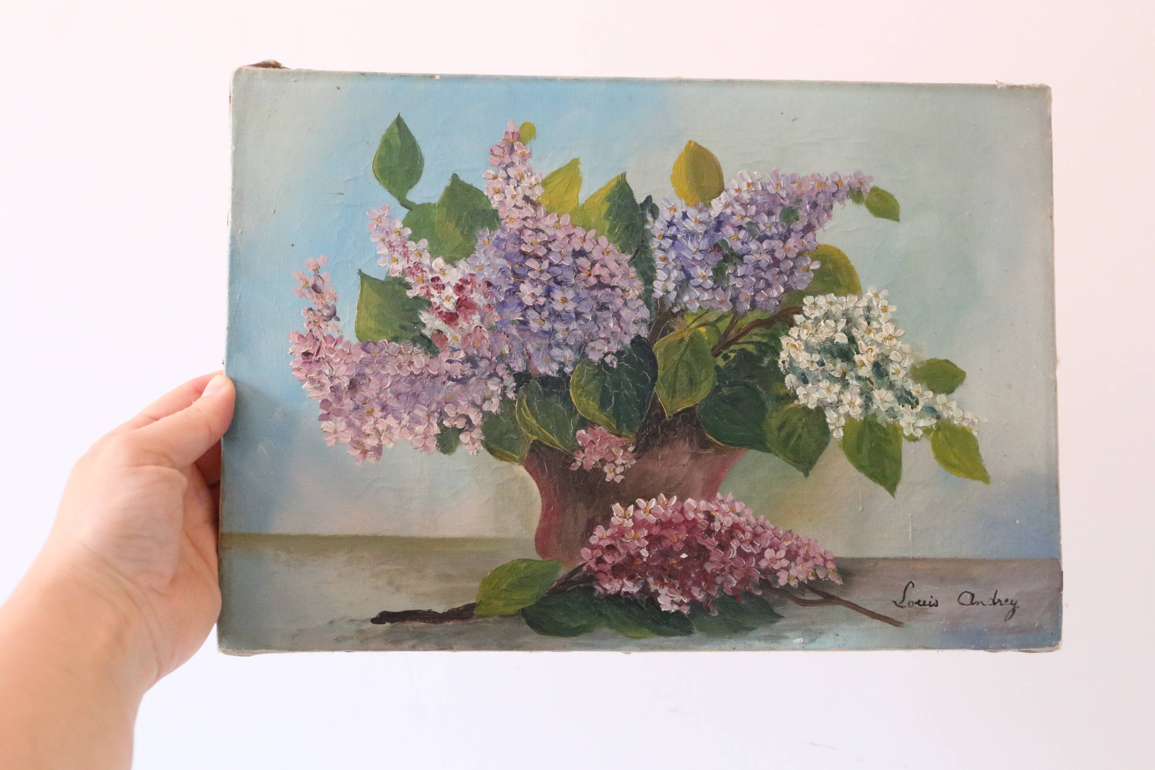 Painting bouquet of flowers, still life, signed Louis Andrey, oil on canvas, mid-twentieth