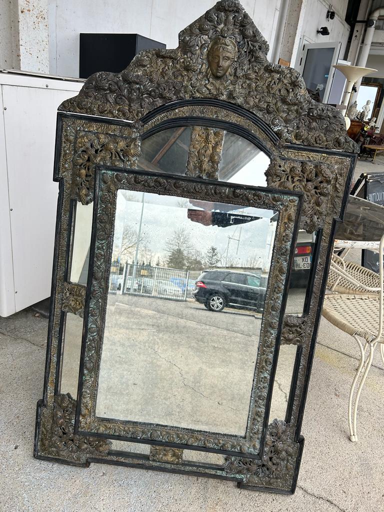 Mirror in brass and blackened wood Louis XIII style around 1880 h: 149 cm