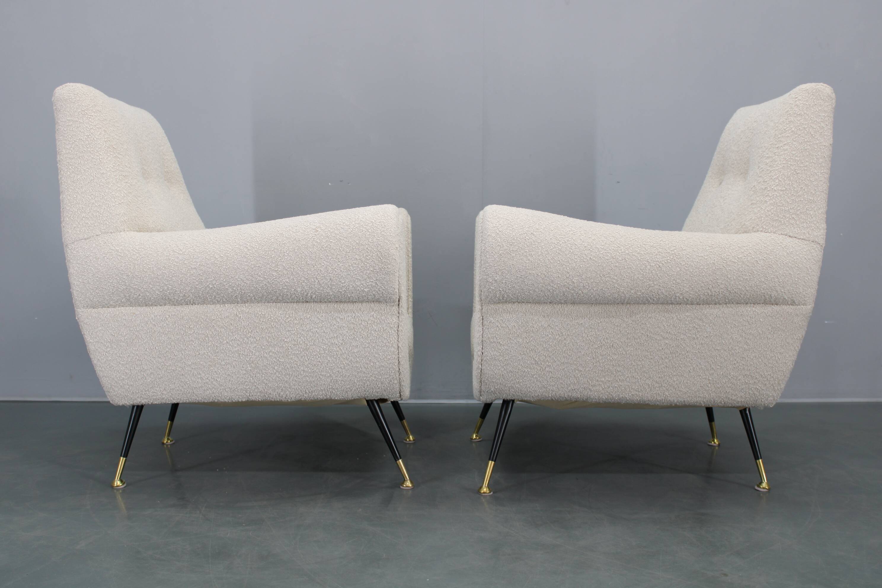 Pair of Italian mid-century boucle armchairs, iron & brass legs, 1950s