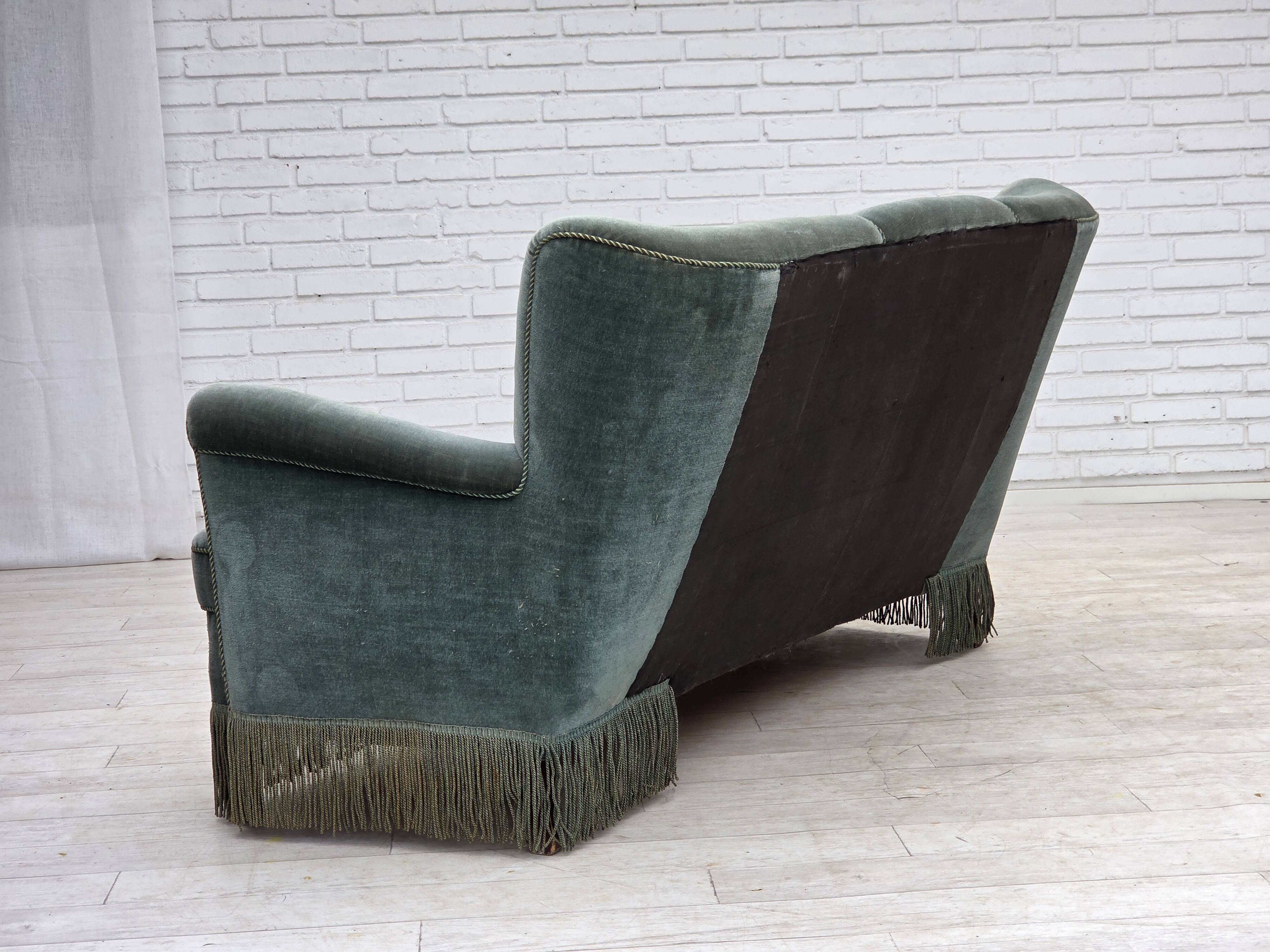 1960s, 3-seater Danish sofa, green furniture velour.