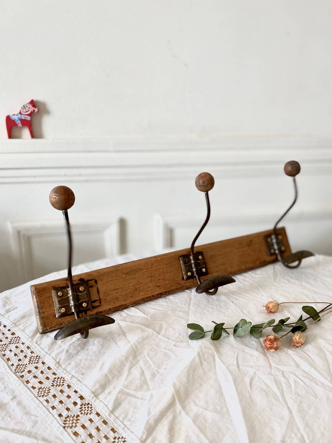 Vintage wood and metal coat hook 3 hooks