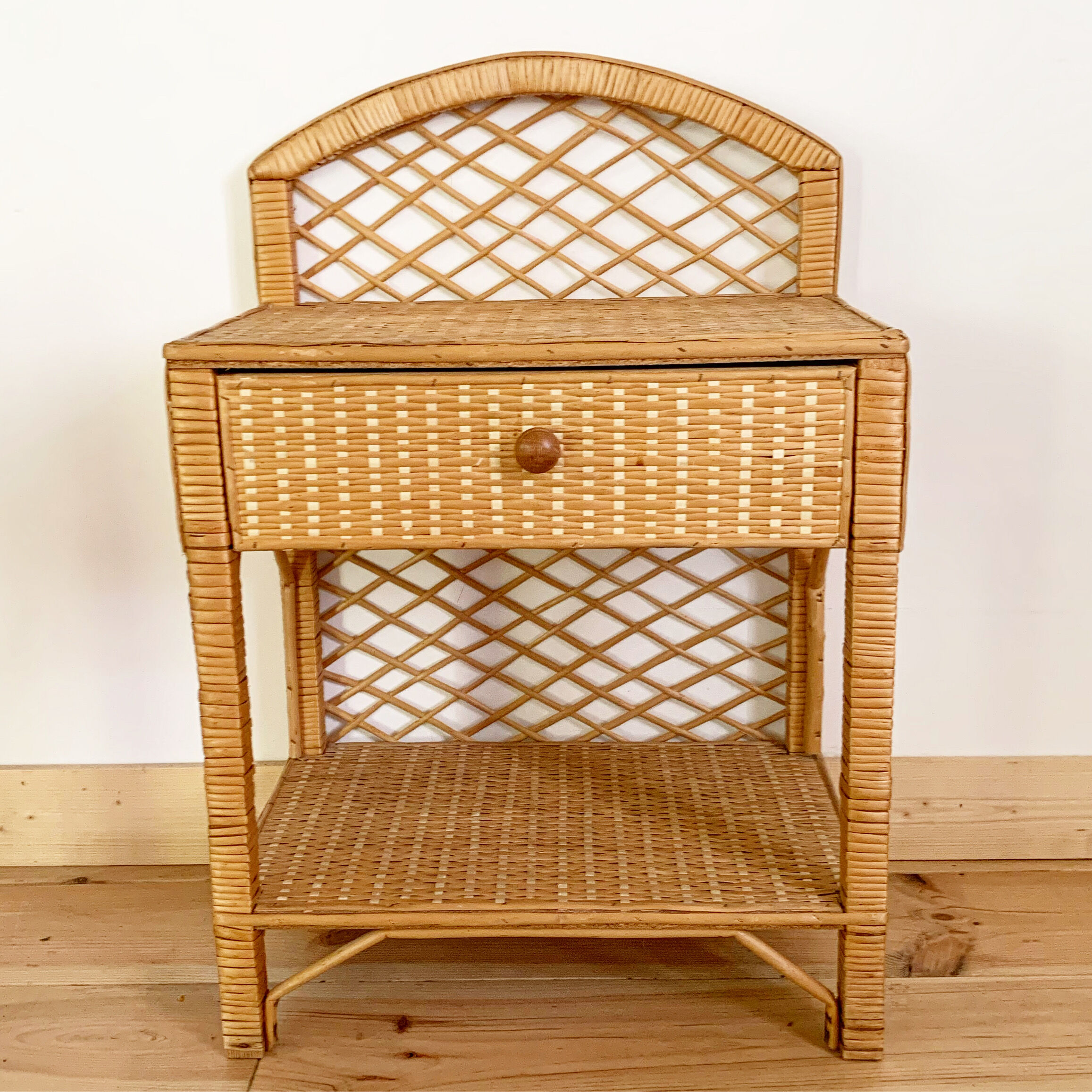 Pair of vintage wicker and rattan bedside tables