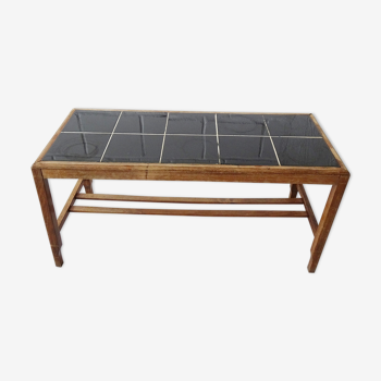 Flower bench made of oak and black tiles, long narrow side table