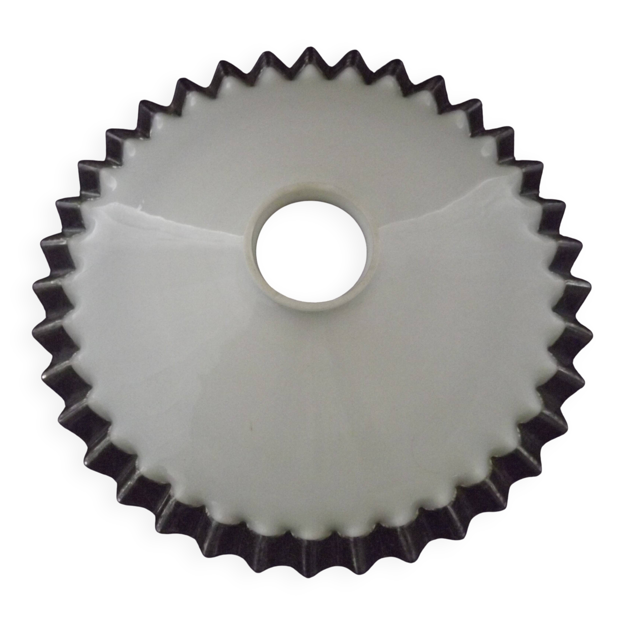 French frilled glass pendant shade, white opaline glass with a clear scalloped edge.