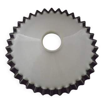 French frilled glass pendant shade, white opaline glass with a clear scalloped edge.