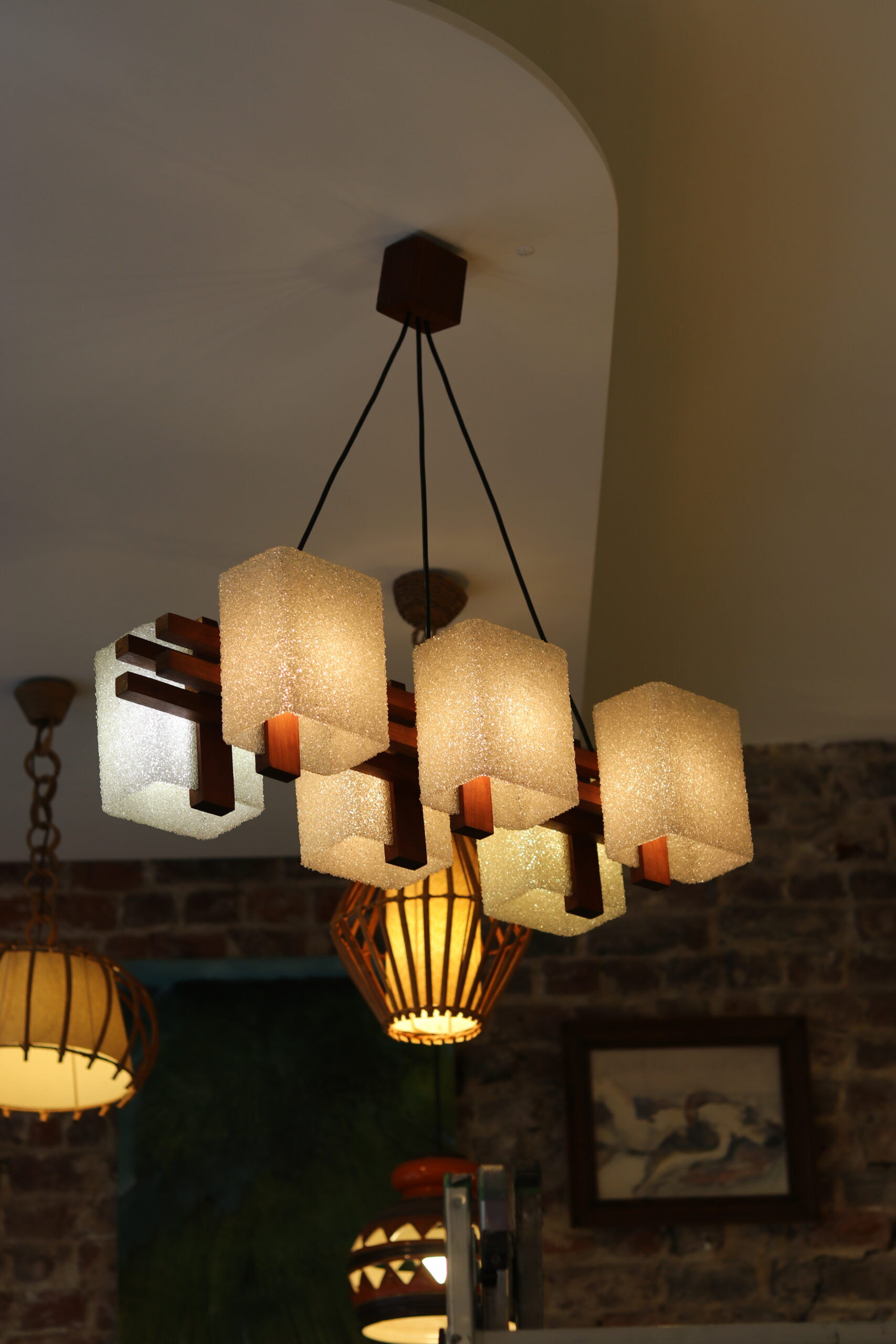 1960s Scandinavian suspension light in teak and perspex.