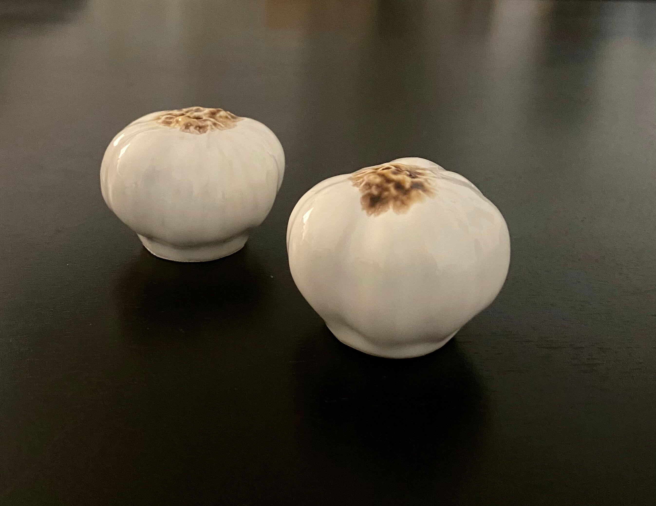 1 salt shaker and 1 pepper white garlic shape