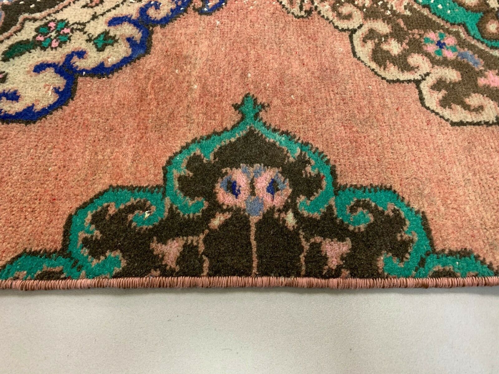 Distressed Turkish Runner 380x72 cm wool Vintage Tribal Rug Pink Green
