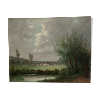 Old painting signed HST landscape dimension: height -33cm- width -41cm-