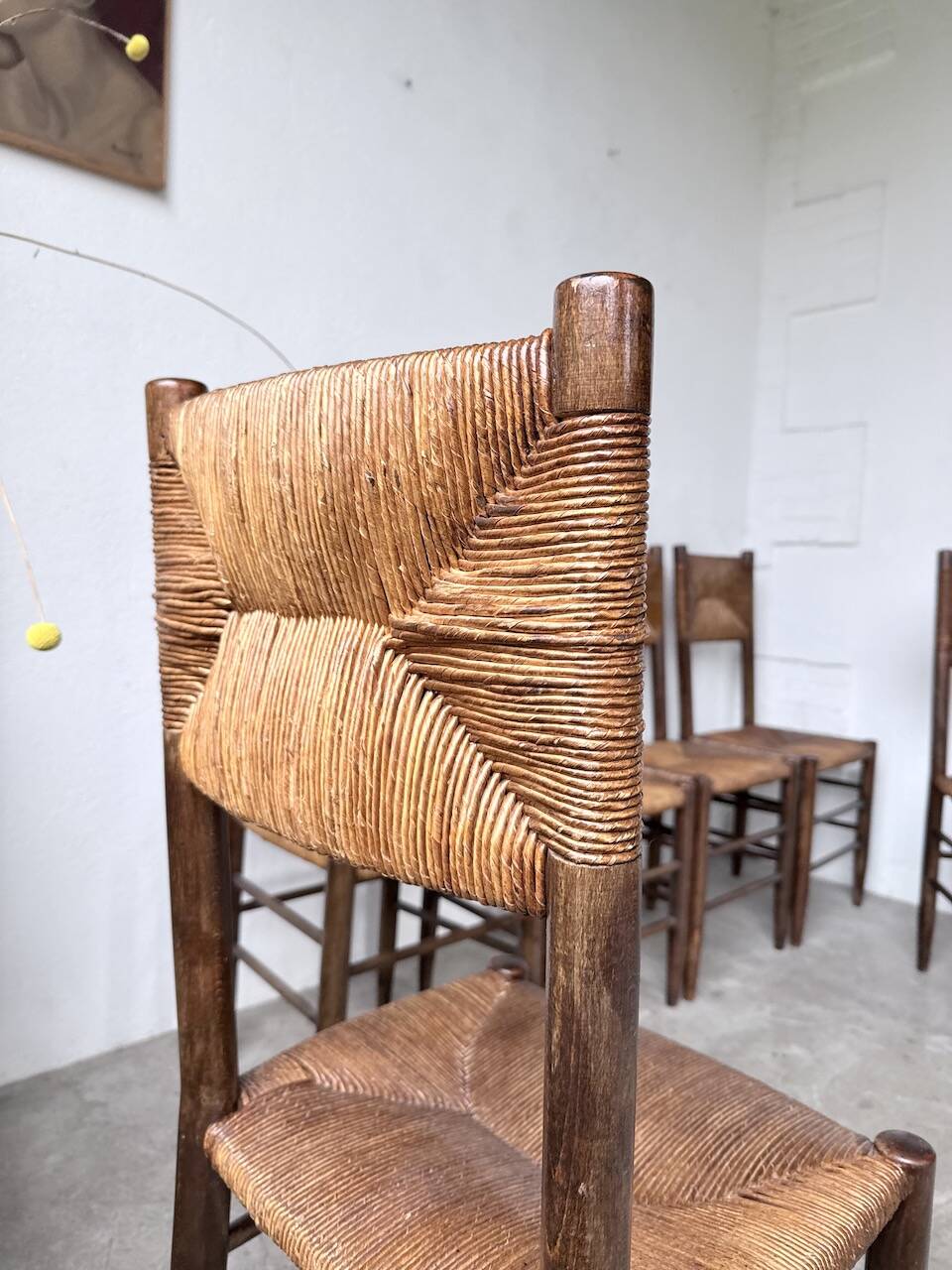 Set of 6 straw and oak Beauche chairs.
